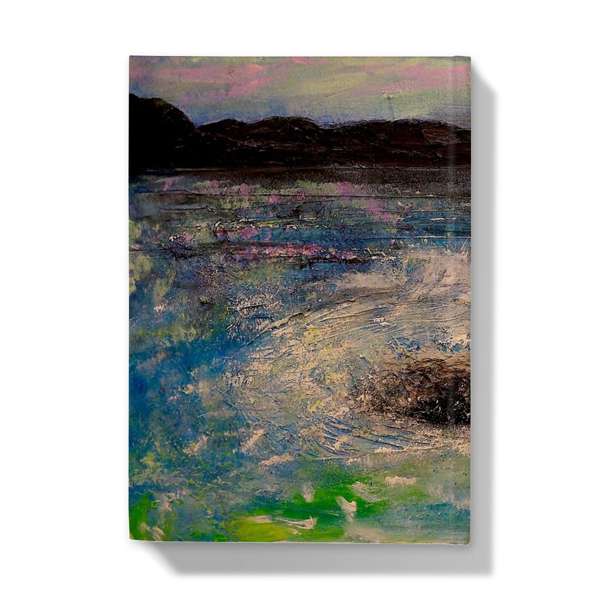 Impressionistic landscape painting of a lake or ocean with mountains under a pink and grey sky for The Corryvreckan Whirlpool Hardback Journal