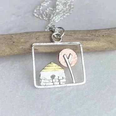 Cottage necklace with silver house pendant and pink tree trunk, Lindsay Mcdowall Jewellery