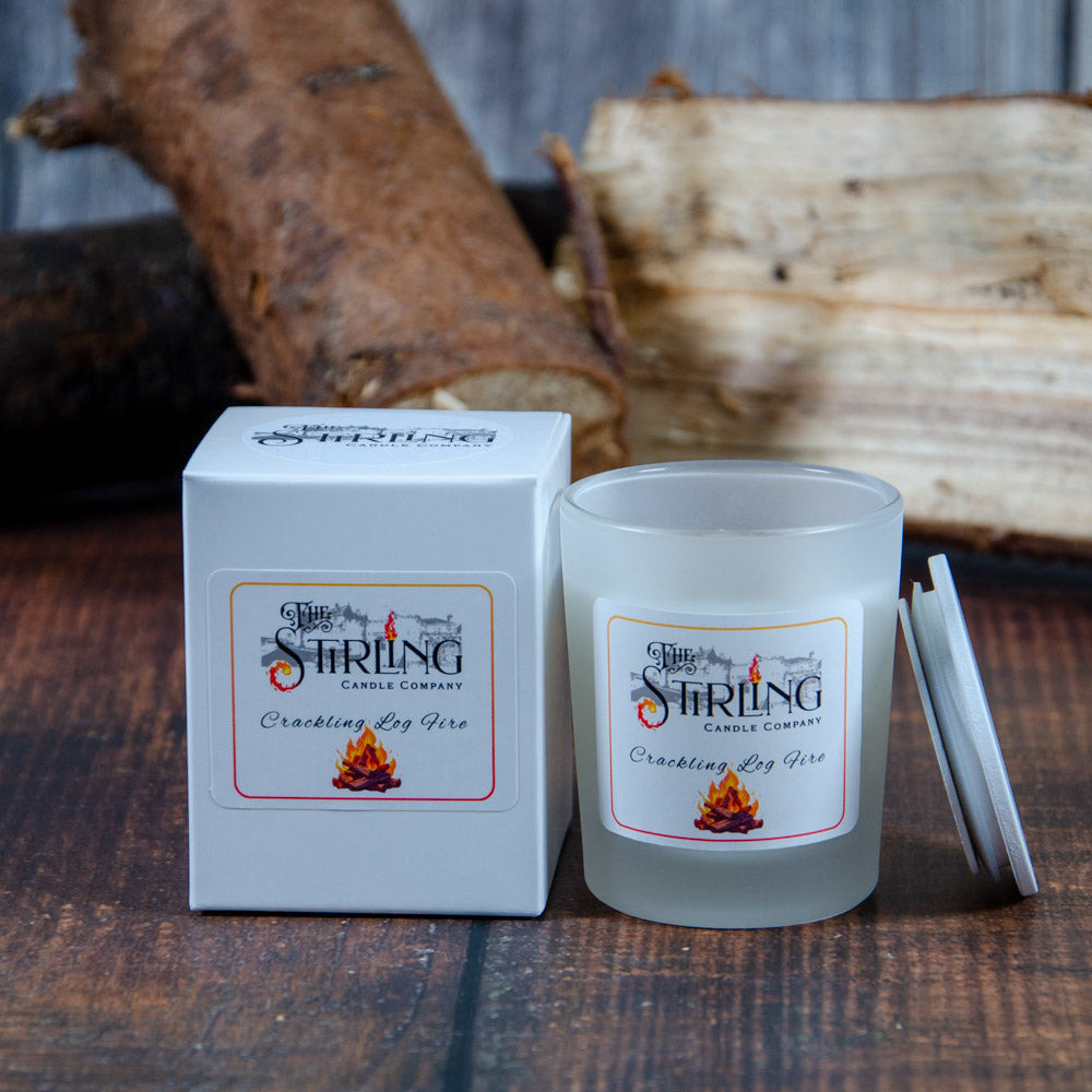 Crackling Log Fire small candle in frosted jar with white lid and box