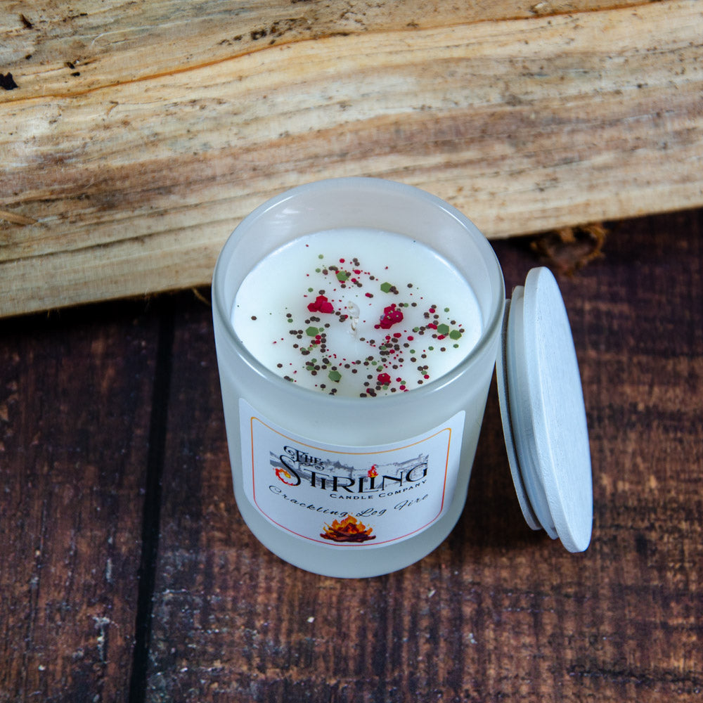 Crackling Log Fire small candle in frosted jar with sprinkles