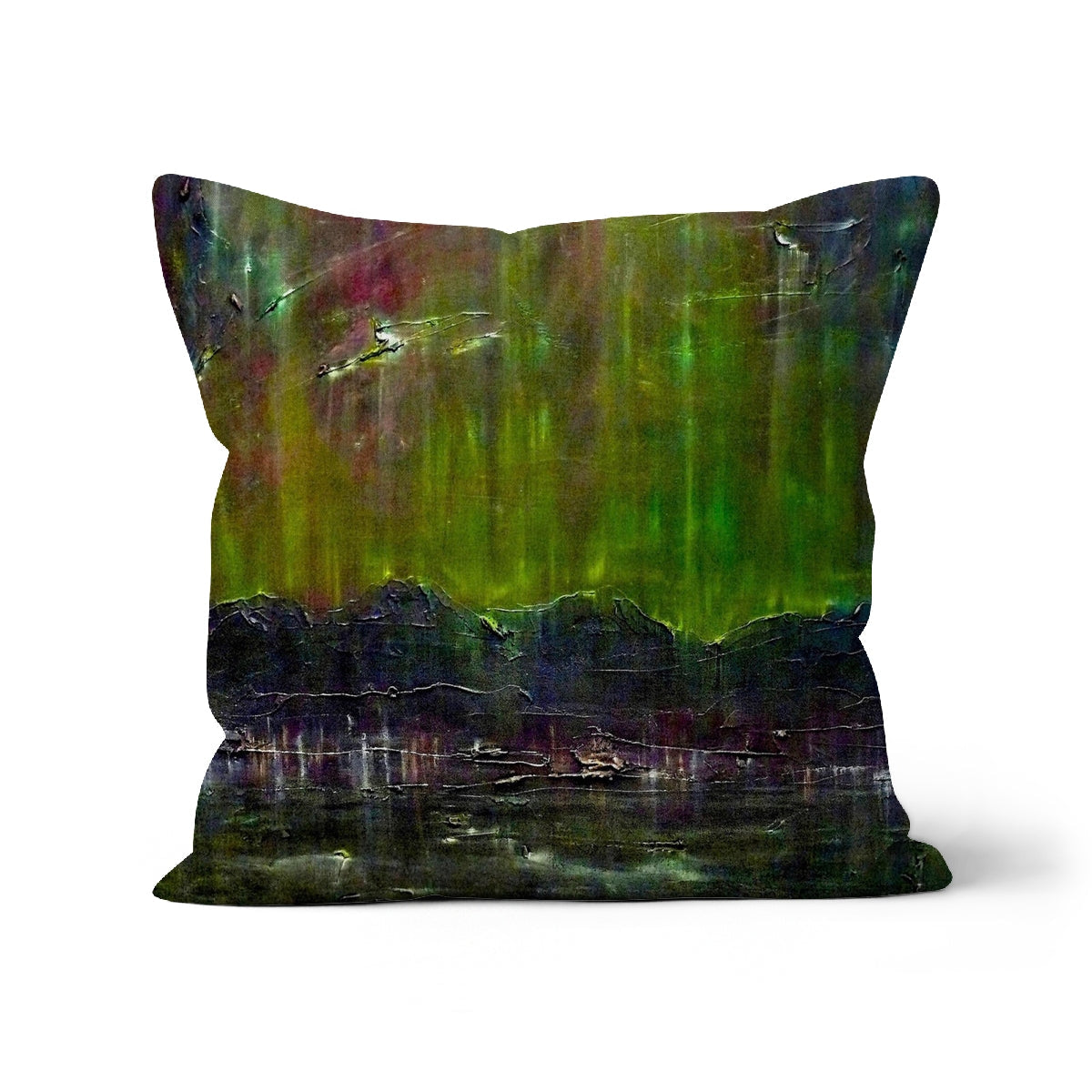 Cromarty Harbour Northern Lights cushion with green purple aurora texture