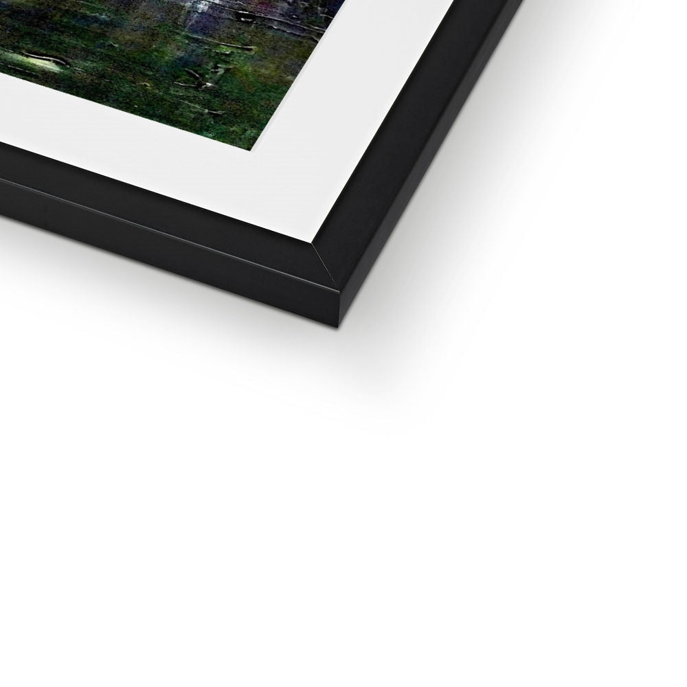 Black matte frame with white mat and dark green Cromarty Harbour Northern Lights abstract art print
