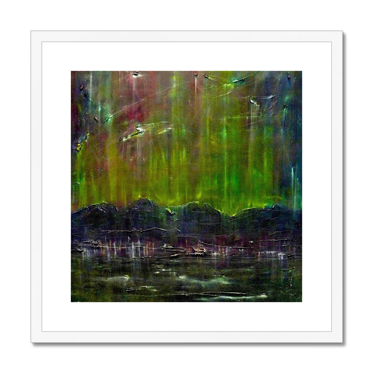Green and purple abstract Cromarty Harbour Northern Lights print in white frame