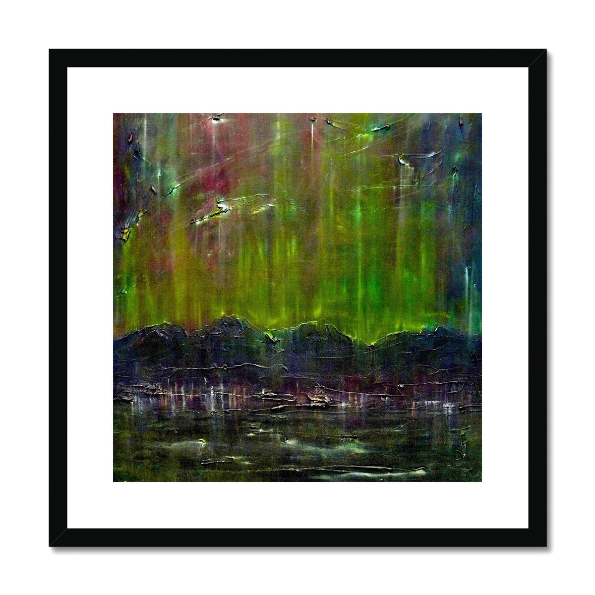 Cromarty Harbour Northern Lights abstract art print in green purple with black frame