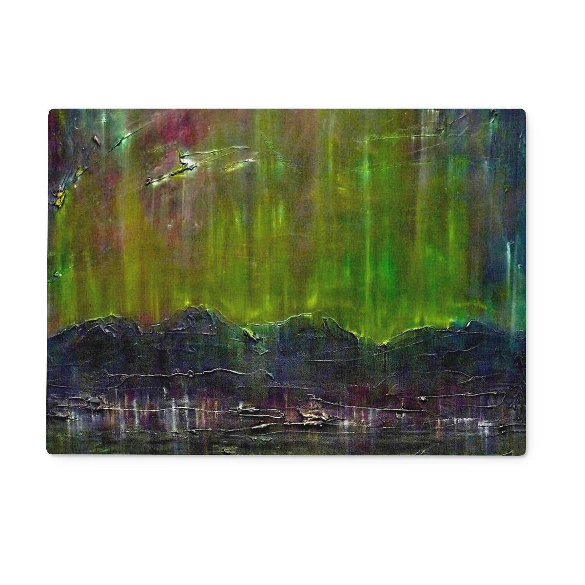 Green Aurora Borealis Canvas Painting on Cromarty Harbour Northern Lights Glass Chopping Board