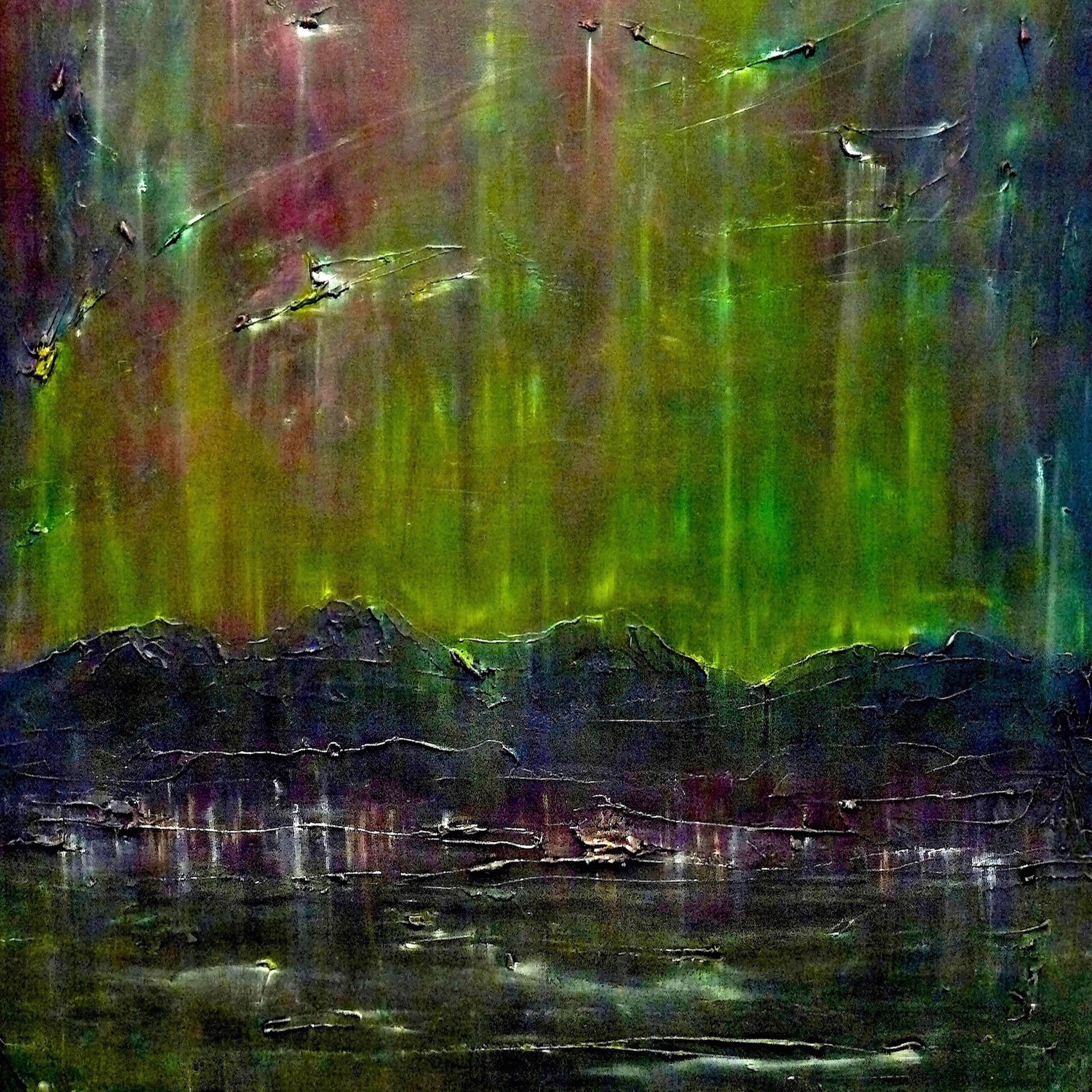 Abstract aurora landscape painting titled Cromarty Harbour Northern Lights Original Painting