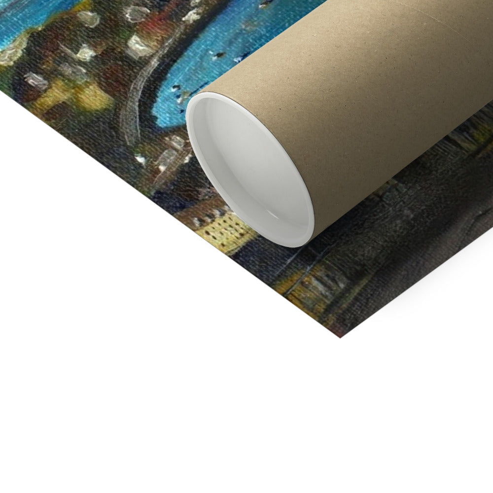 Brown wrapping paper cityscape print in blue green hues on tube