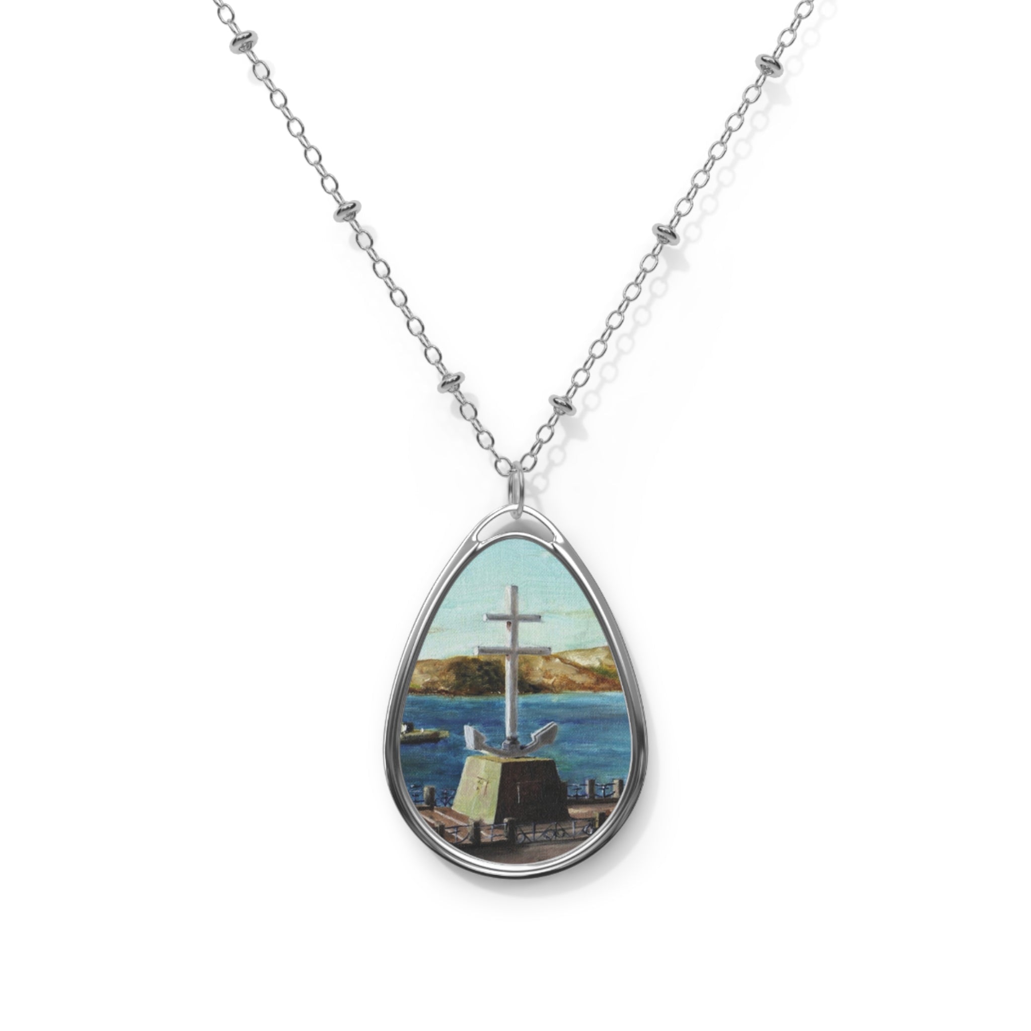 Silver chain necklace with oval painted seascape pendant from The Cross Of Lorraine Scottish Art Jewellery