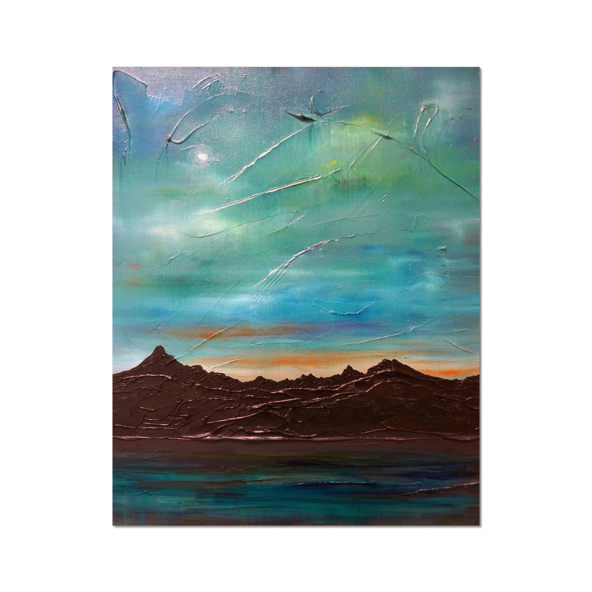 Textured abstract painting of a mountain and lake landscape at sunset for The Cuillin From Elgol Artist Proof Collector Print
