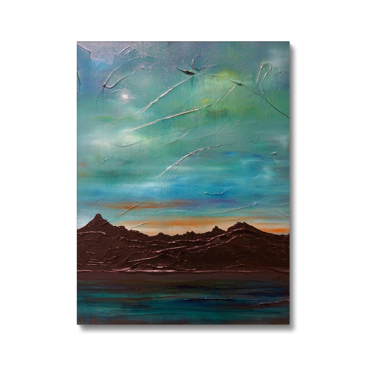 Textured abstract landscape painting of mountains and vibrant sky on The Cuillin From Elgol Canvas