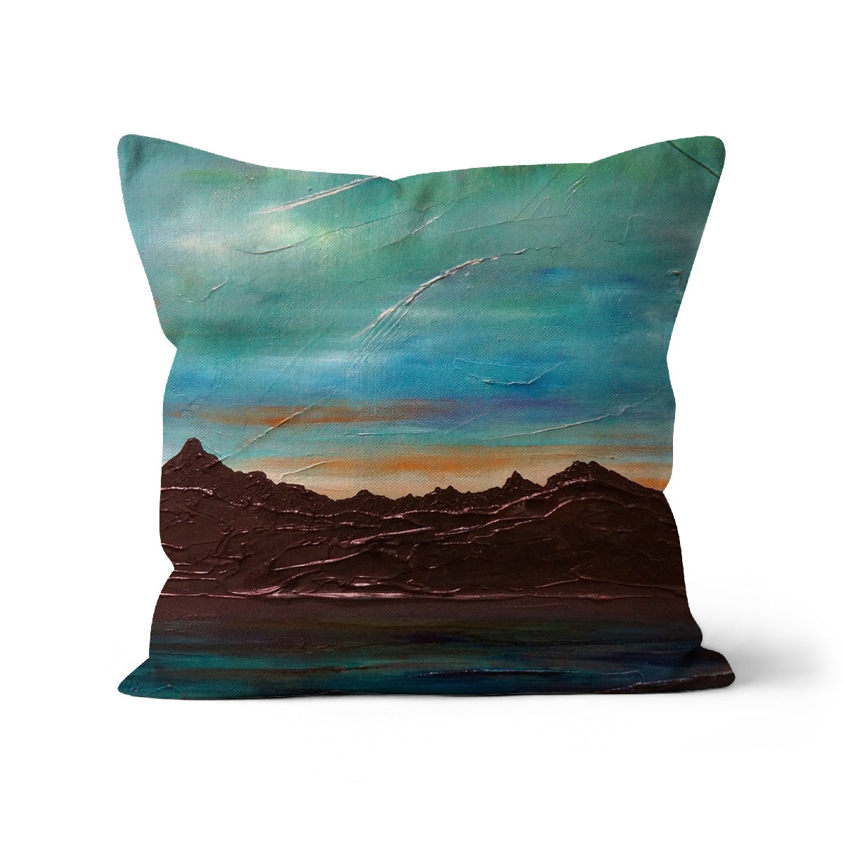 Square throw pillow featuring abstract landscape of mountains and water under a colorful sky