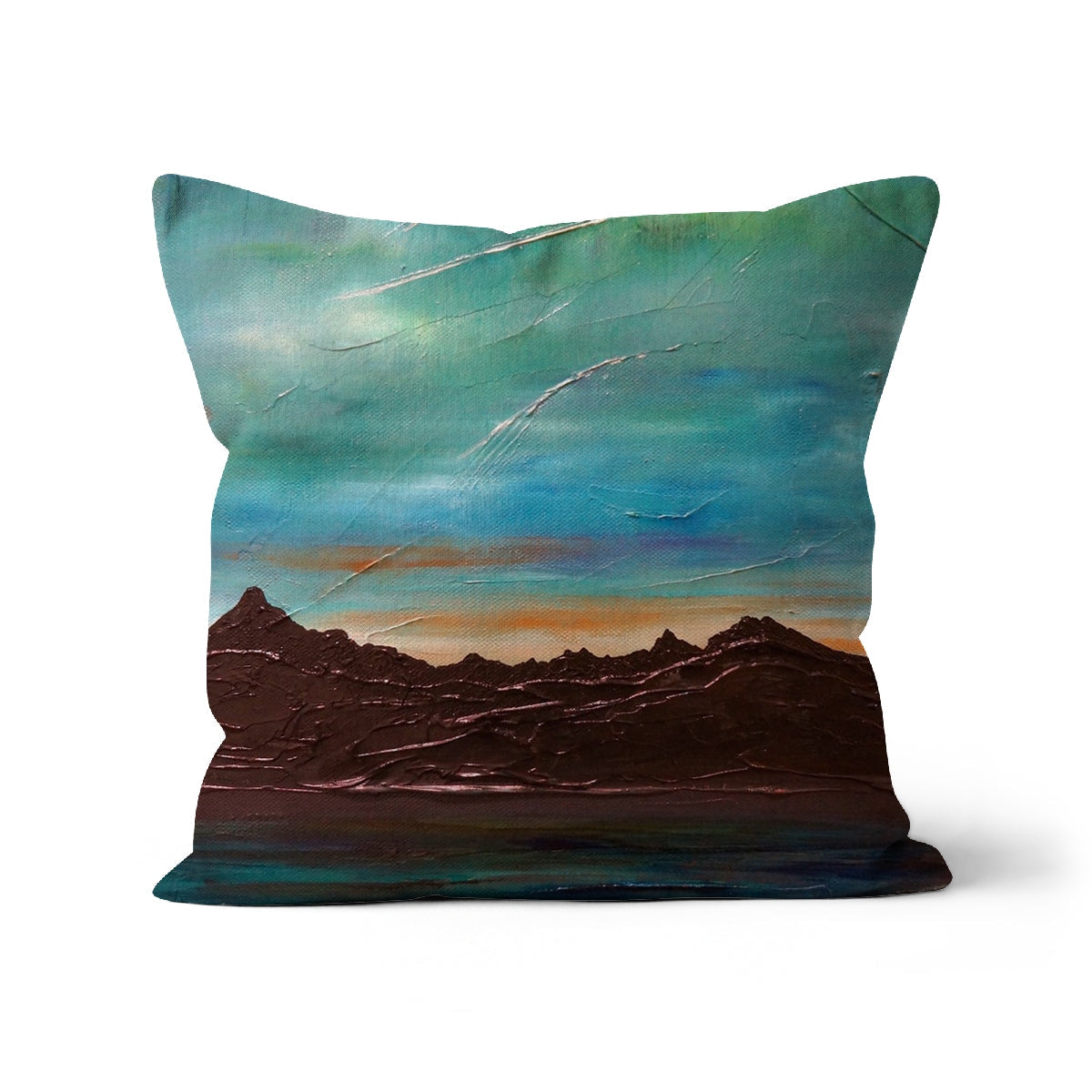 Decorative throw pillow featuring abstract landscape painting of mountains and vibrant sky