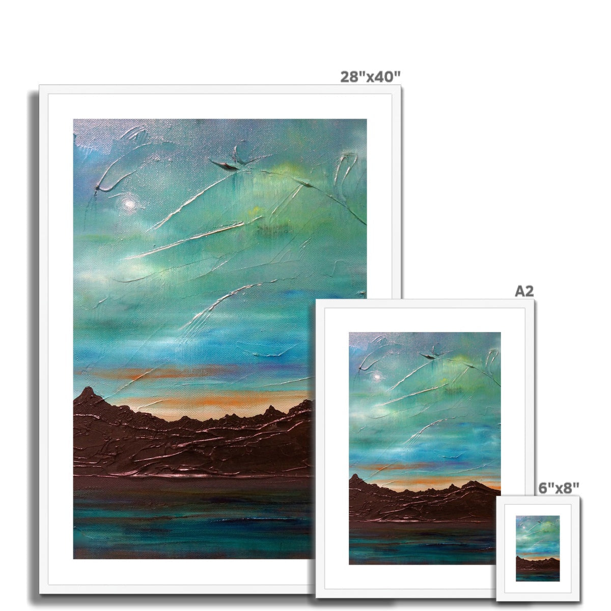 Three framed landscape paintings of varying sizes displayed in The Cuillin From Elgol print