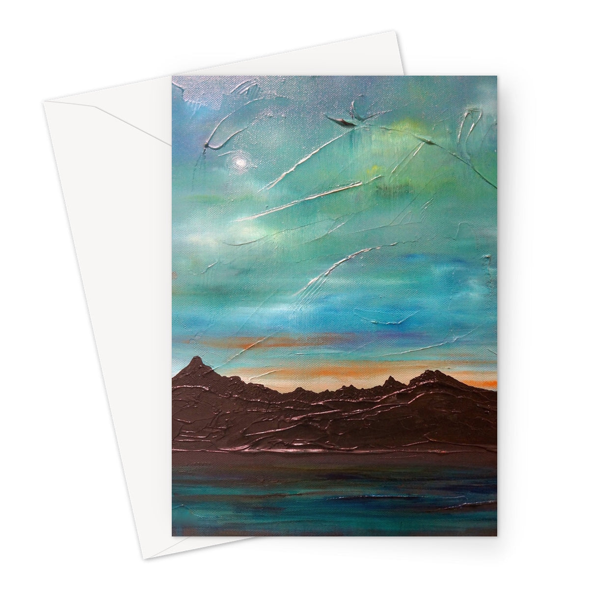 Abstract landscape art print on The Cuillin From Elgol Greeting Card with vibrant teal sky