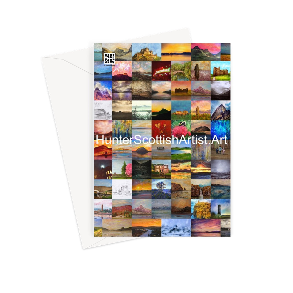 White greeting card featuring a collage of 64 landscape paintings titled The Cuillin From Elgol