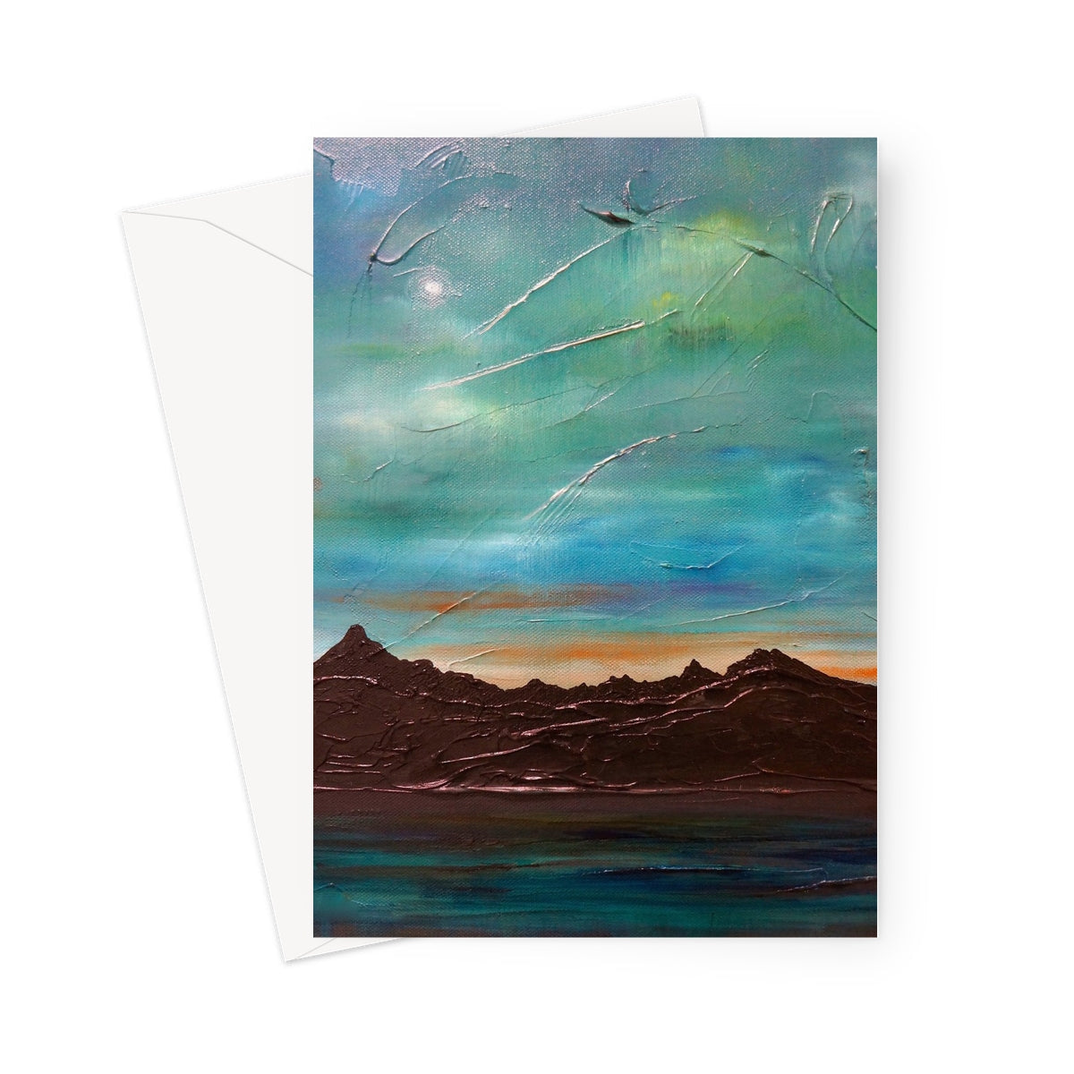 The Cuillin From Elgol greeting card featuring an abstract landscape with teal sky and mountains