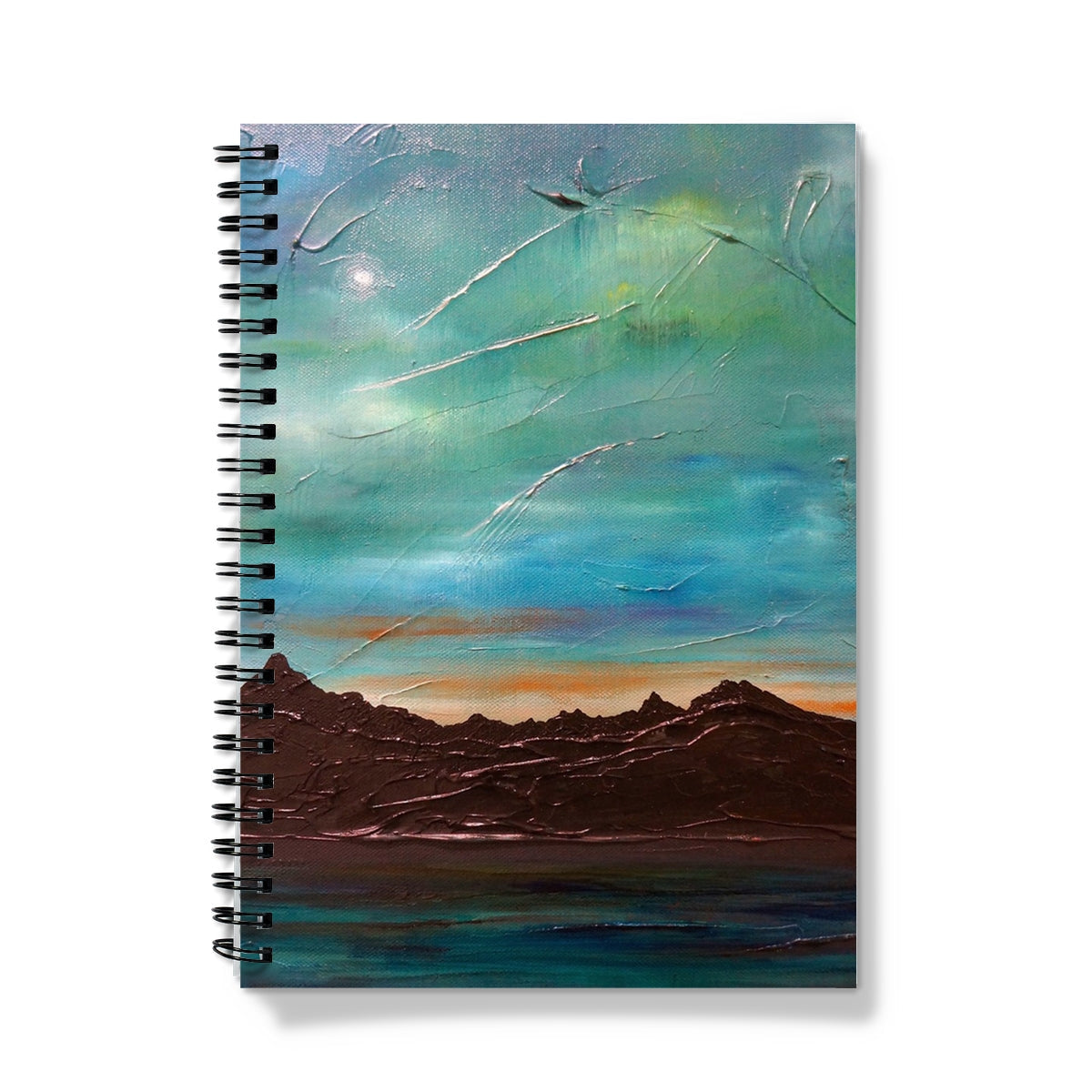 Wire-bound notebook featuring an abstract landscape painting on the cover titled The Cuillin From Elgol