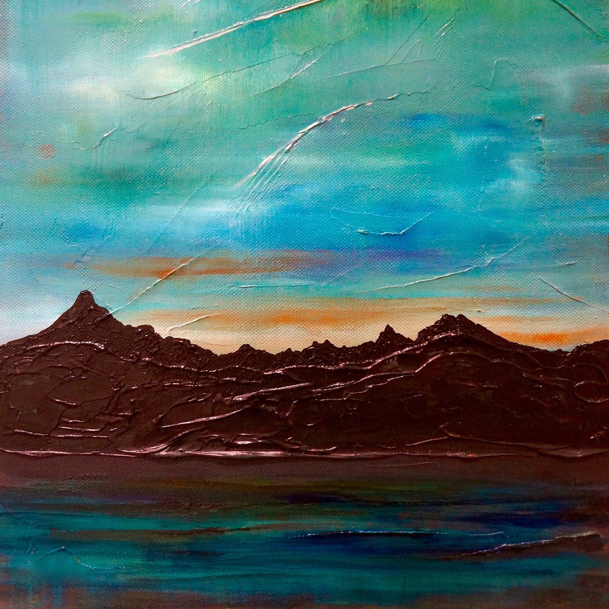 Textured landscape painting of Mountains and Water under a vibrant sky for The Cuillin From Elgol Scotland In Your Pocket