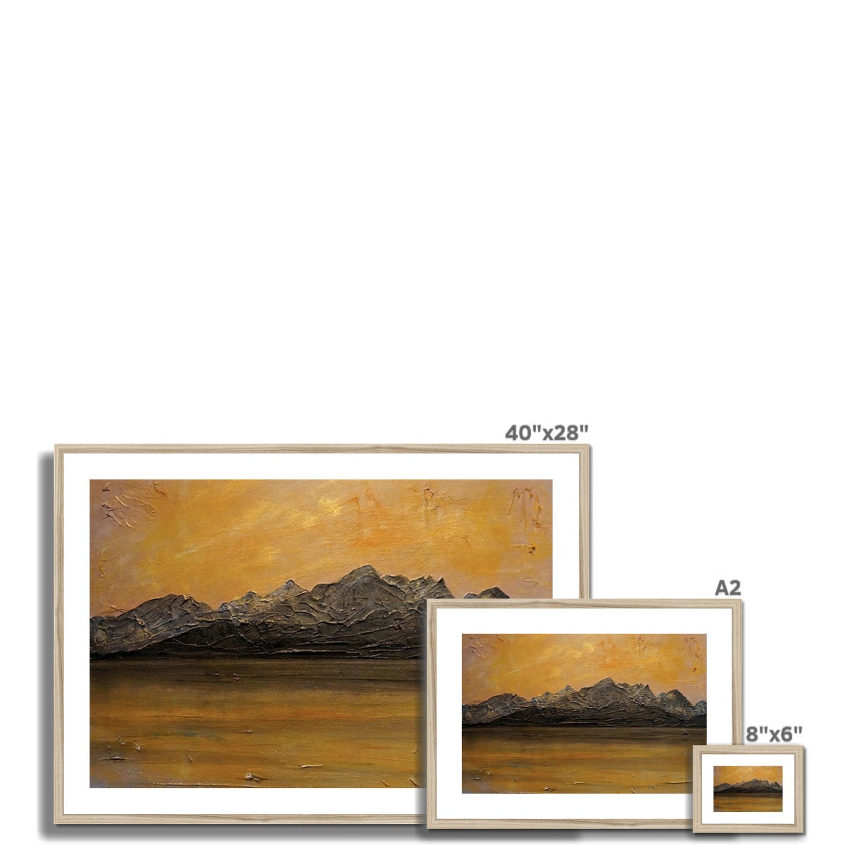 Framed Cuillin Sunset abstract print with dark mountain silhouettes against golden-orange sky