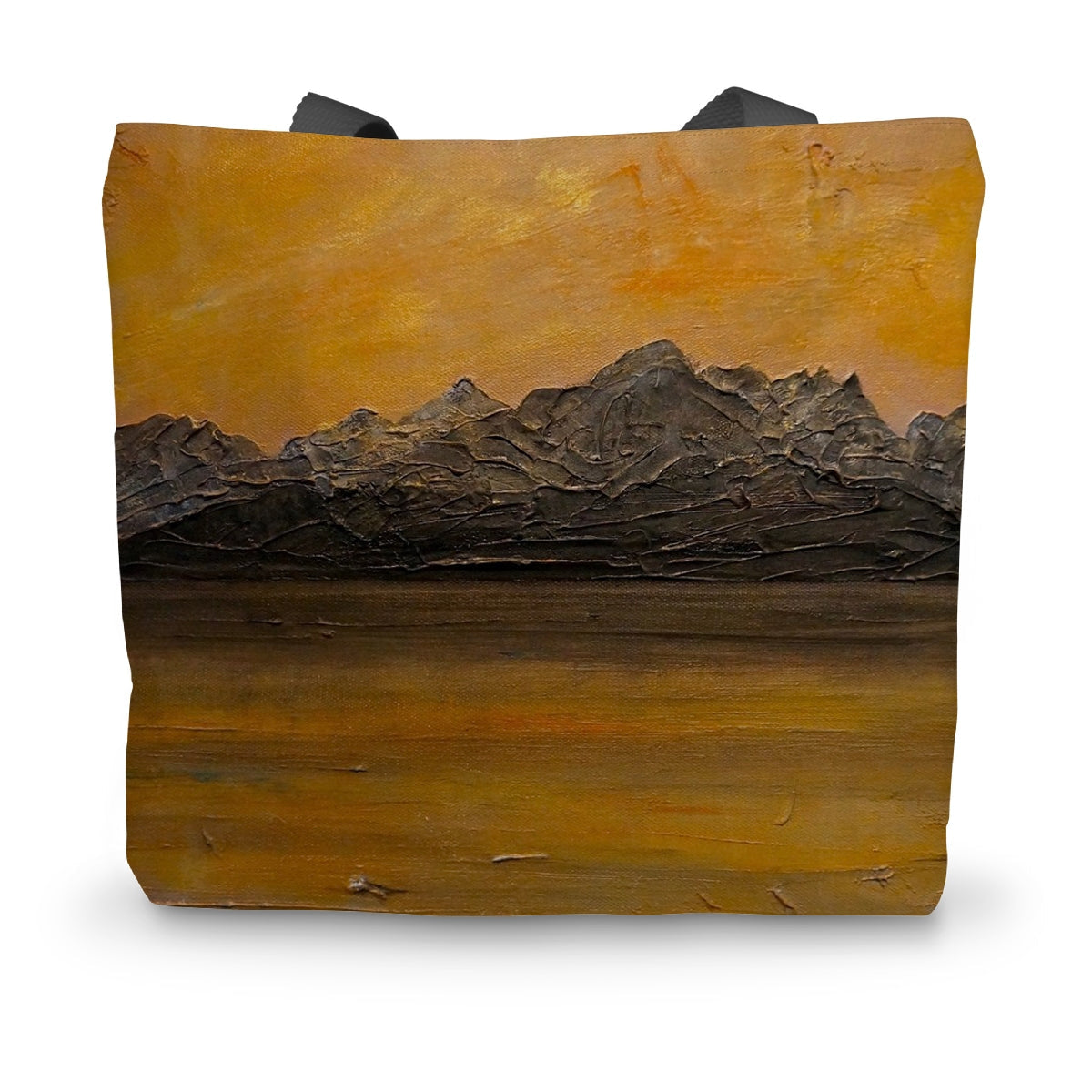 Cuillin Sunset textured canvas tote bag with mountain landscape