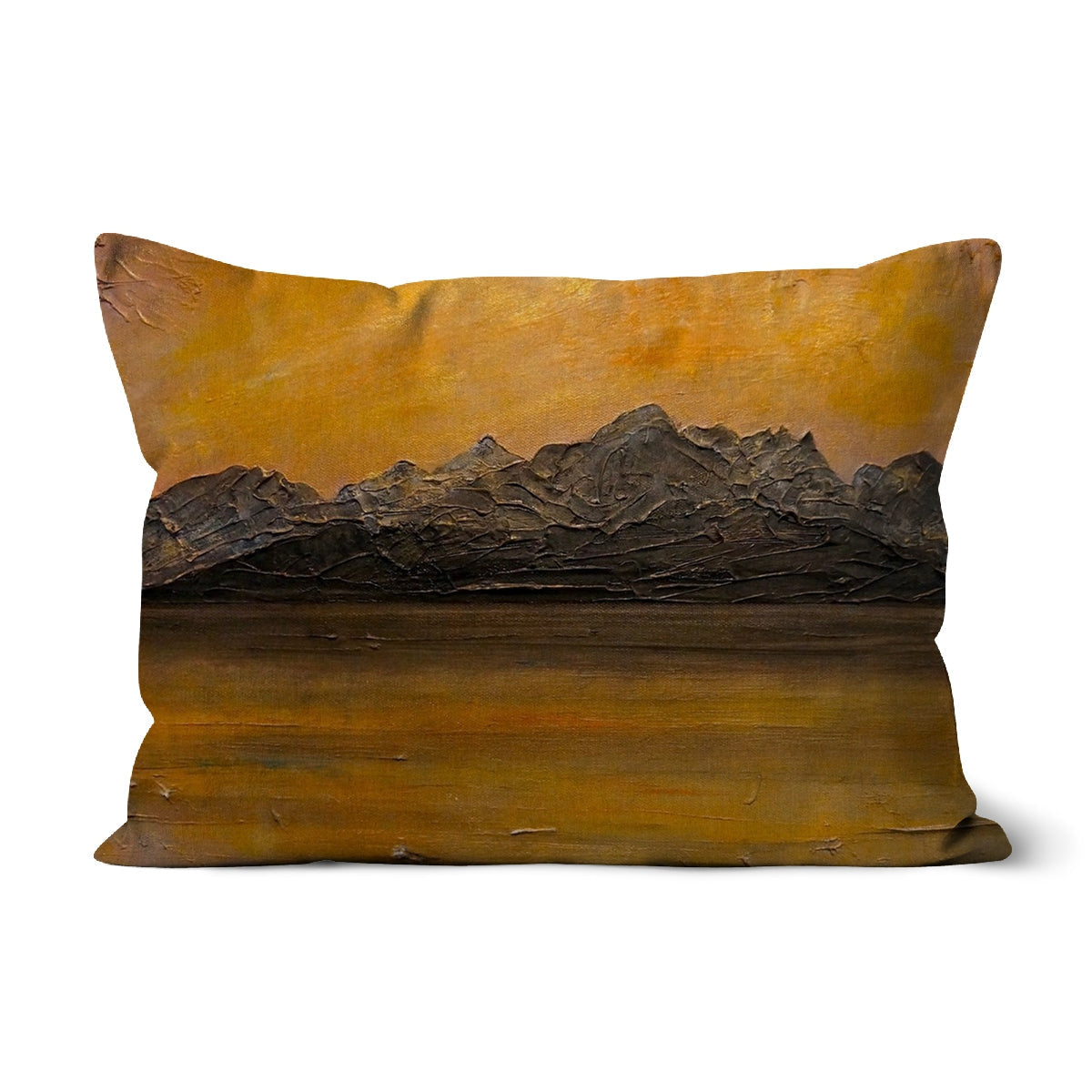Cuillin Sunset Cushion: textured impressionistic landscape with dark peaks, ochre sky, reflective water