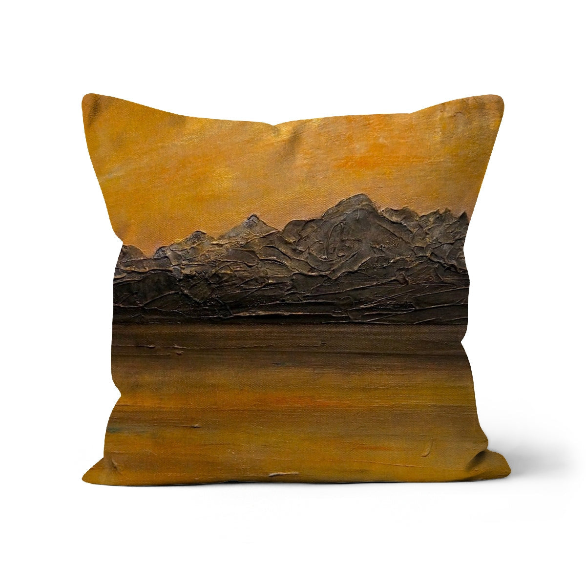 Cuillin Sunset square throw pillow with textured mountain peaks and orange sky