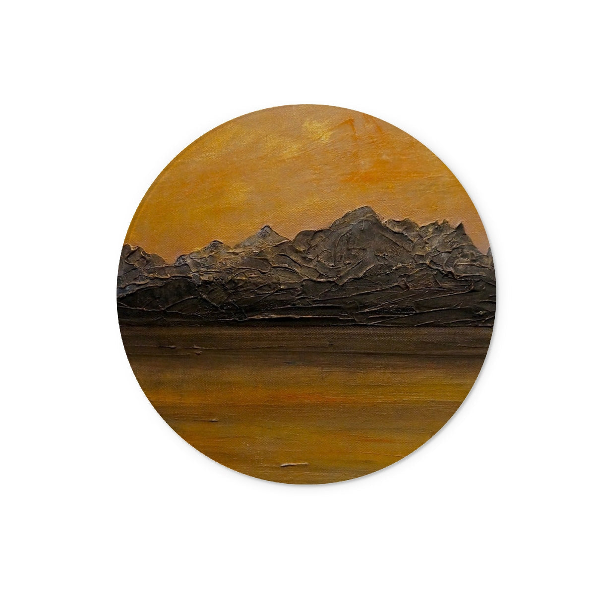 Cuillin Sunset glass chopping board with mountain painting