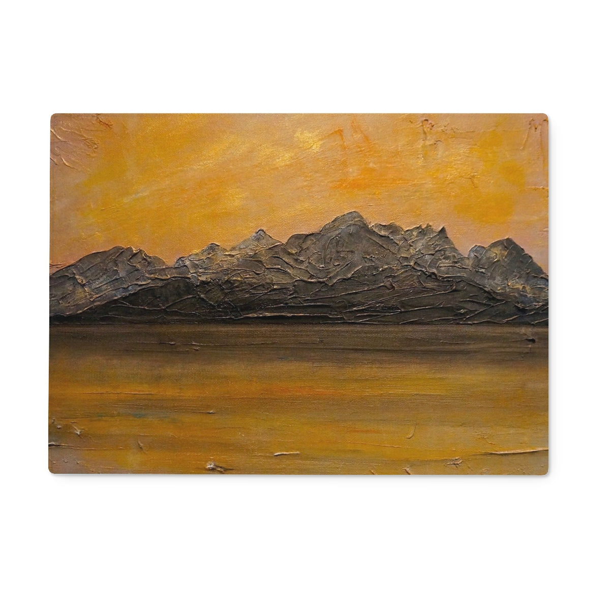 Impressionistic Cuillin mountain range sunset on orange sky glass chopping board