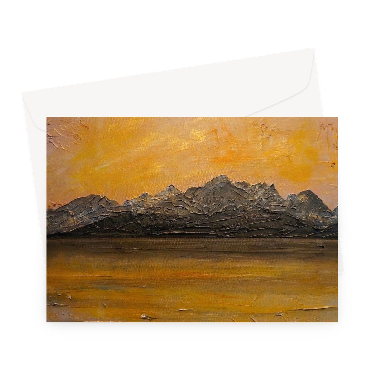 Cuillin Sunset greeting card with textured mountain range under orange sky
