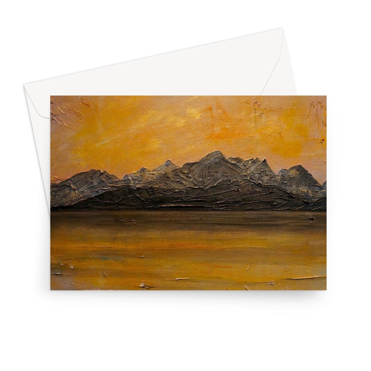 Cuillin Sunset greeting card with textured mountain range under orange sky