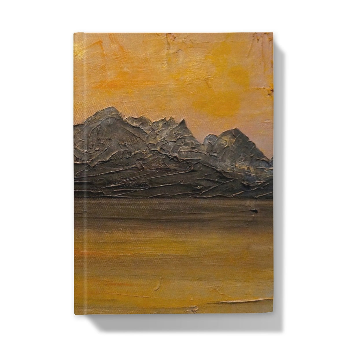 Cuillin Sunset journal with oil-painted mountain range under orange sky