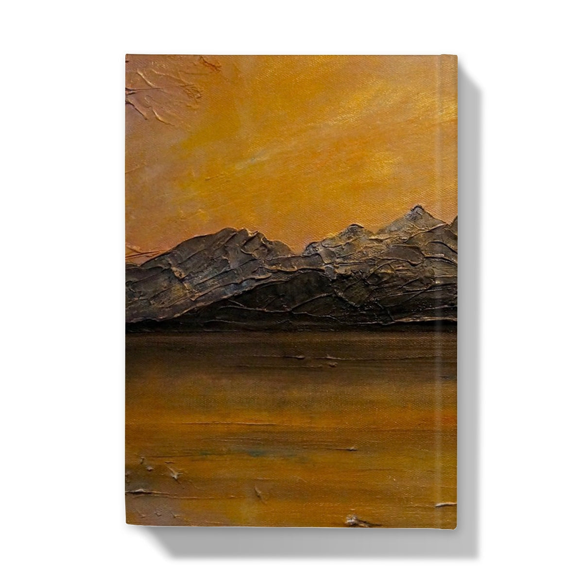 Cuillin Sunset journal cover: impasto mountain range under orange sky