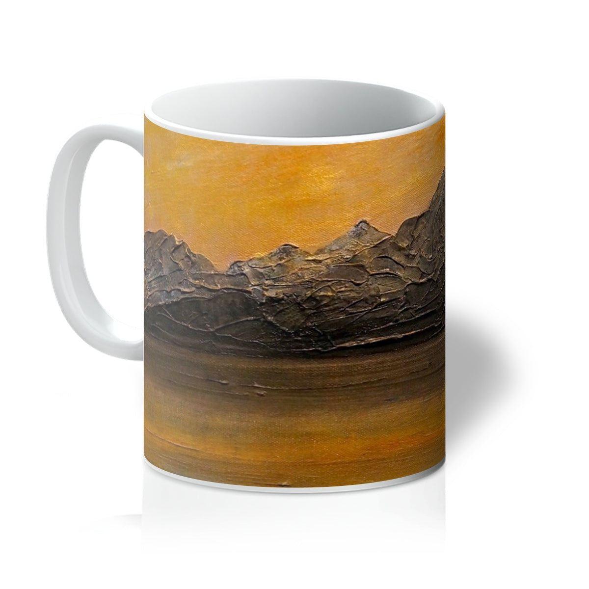 Cuillin Sunset Mug with textured brown mountains and orange sky