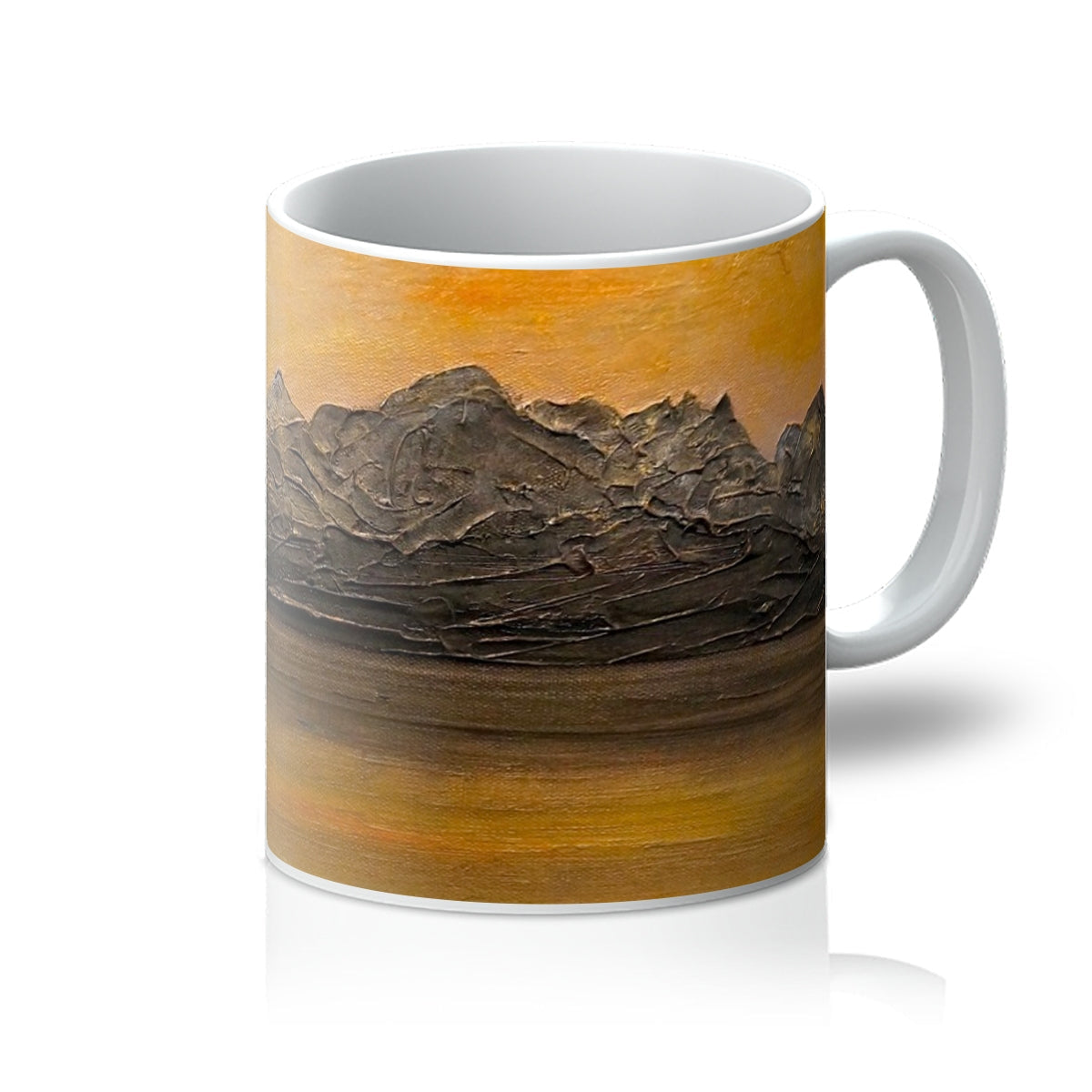Cuillin Sunset Mug with textured dark mountain peaks and orange sky