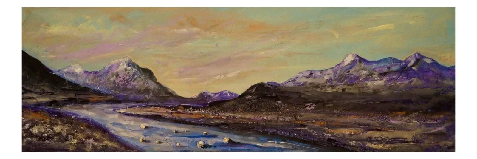 Cuillin Winter Skye panoramic painting of purple mountains and river