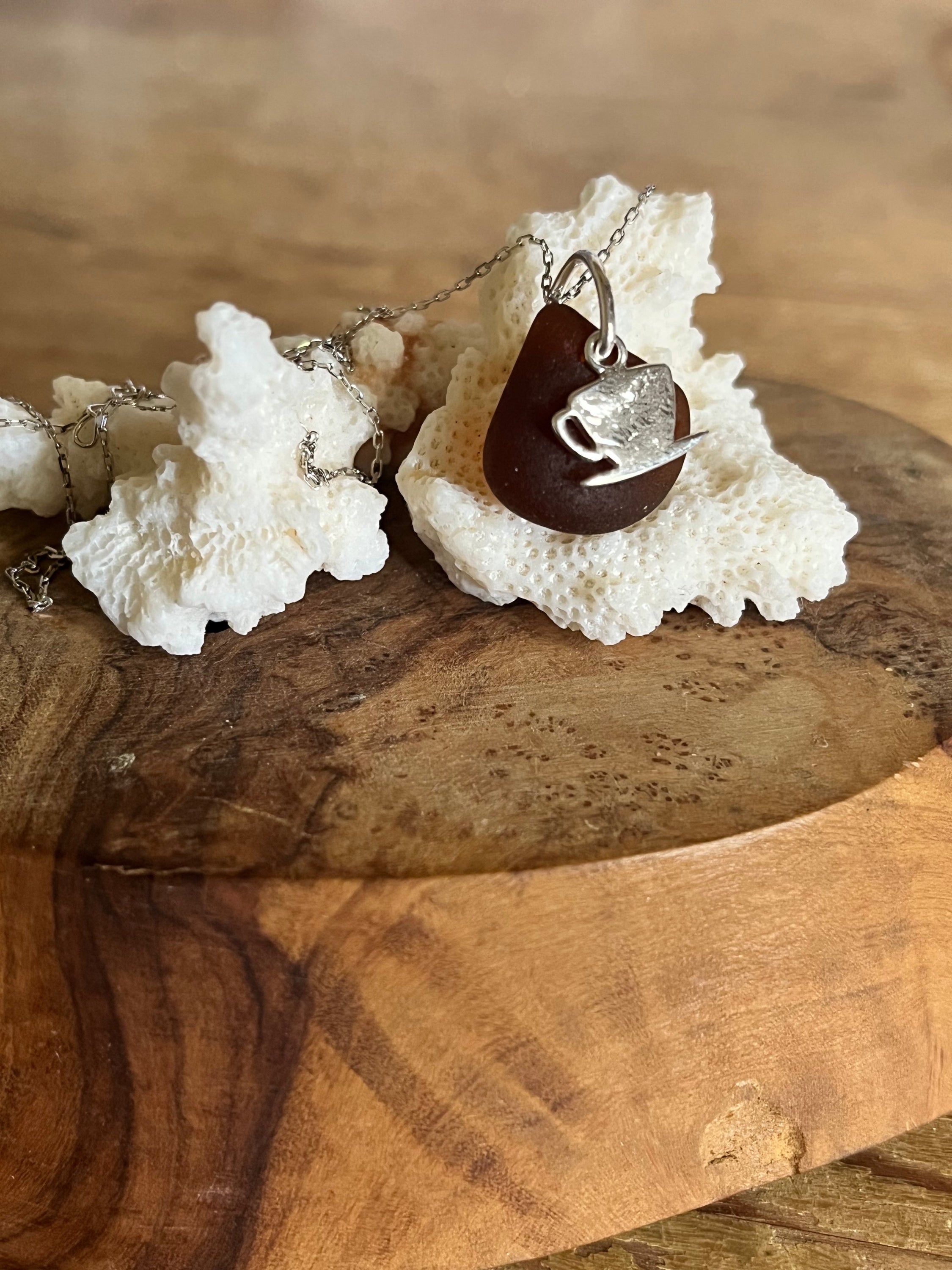 Silver coffee cup charm on brown Sea Glass pendant with silver chain for Cup of Tea Scottish Seaglass 925 Pendant