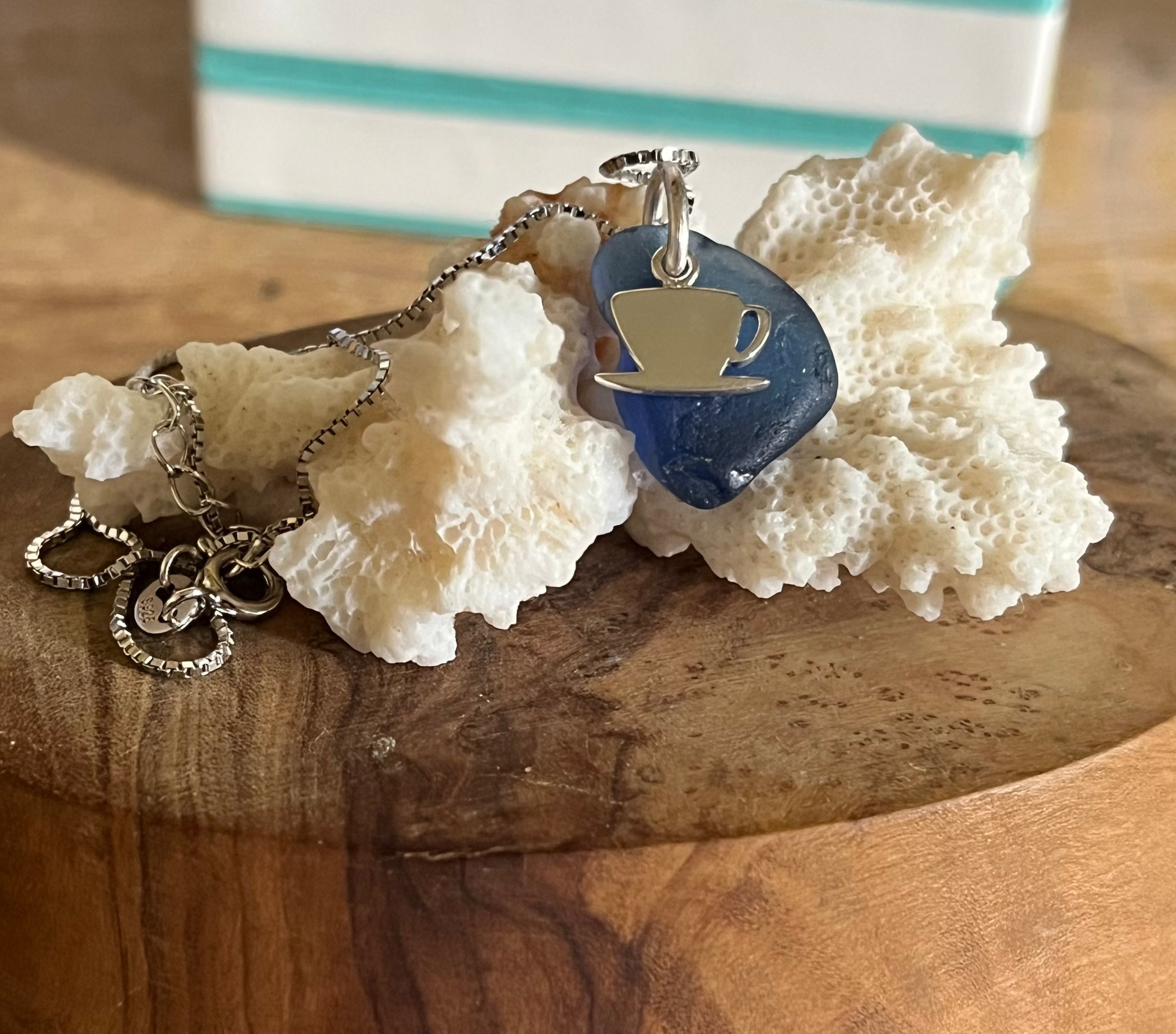 Silver Coffee Cup Charm on Deep Blue Sea Glass Pendant with Silver Chain for Scottish Seaglass Jewelry