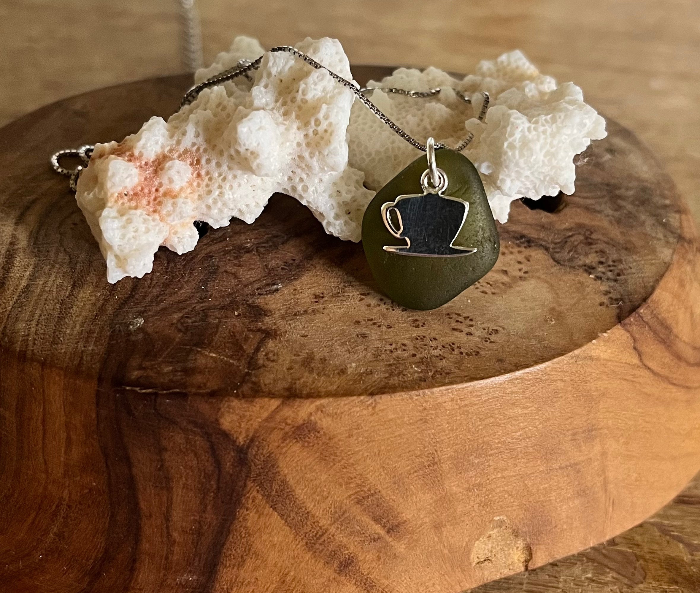 Dark green sea glass pendant with silver coffee cup design from Cup of Tea Scottish Seaglass 925 Pendants