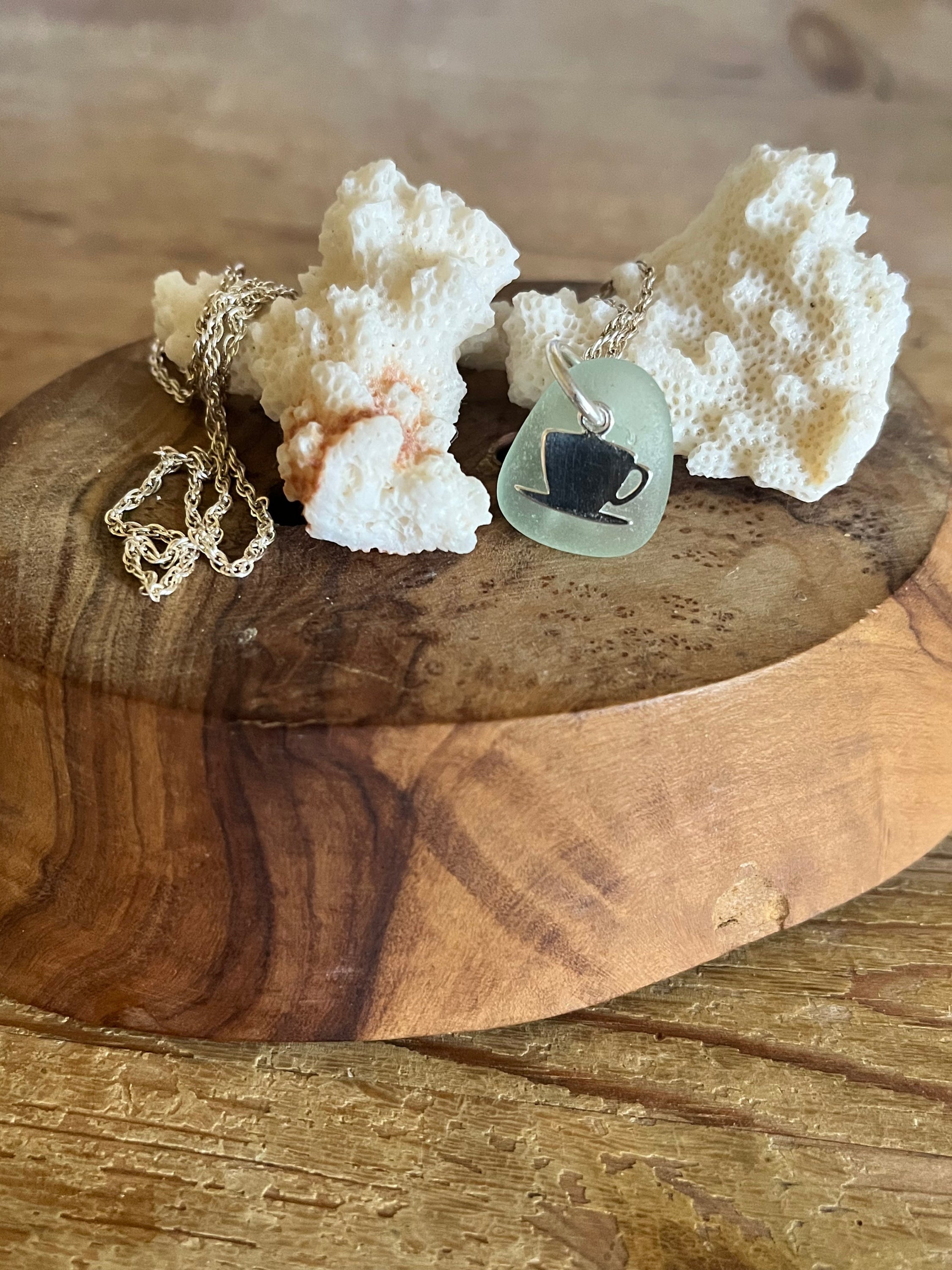 Light green Sea Glass Pendant with Black Coffee Cup Design on Silver Chain in Cup of Tea Scottish Seaglass Collection