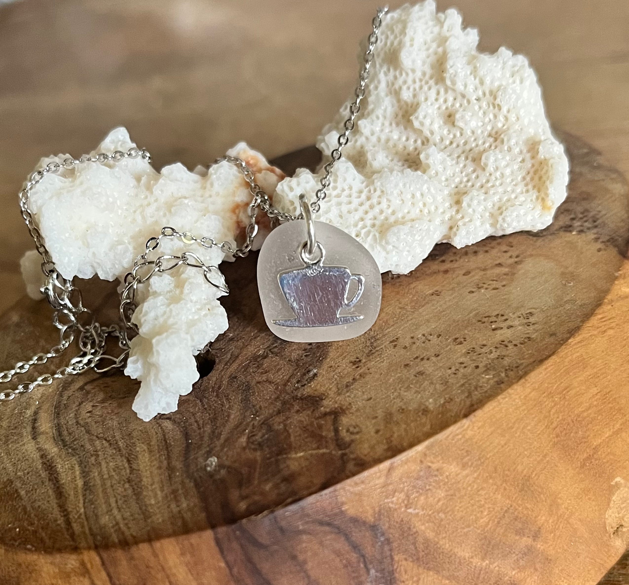 Silver chain necklace with sea glass pendant engraved with a coffee cup design for Cup of Tea Scottish Seaglass 925 Pendants
