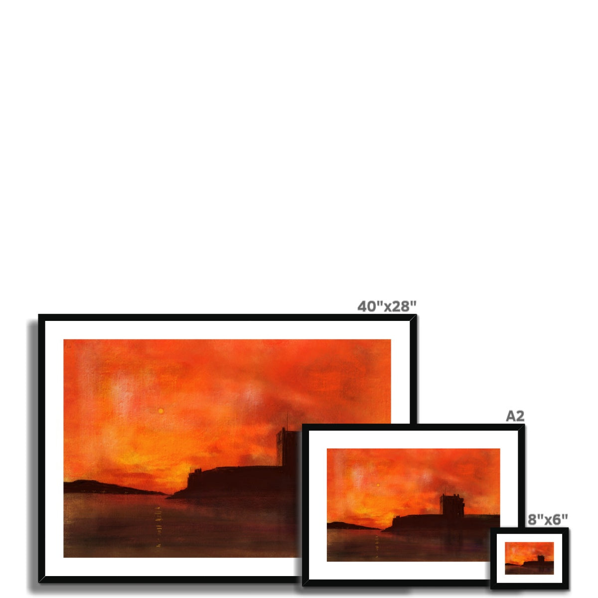 Broughty Castle sunset framed print, 40x28 inches, black frame, white mat