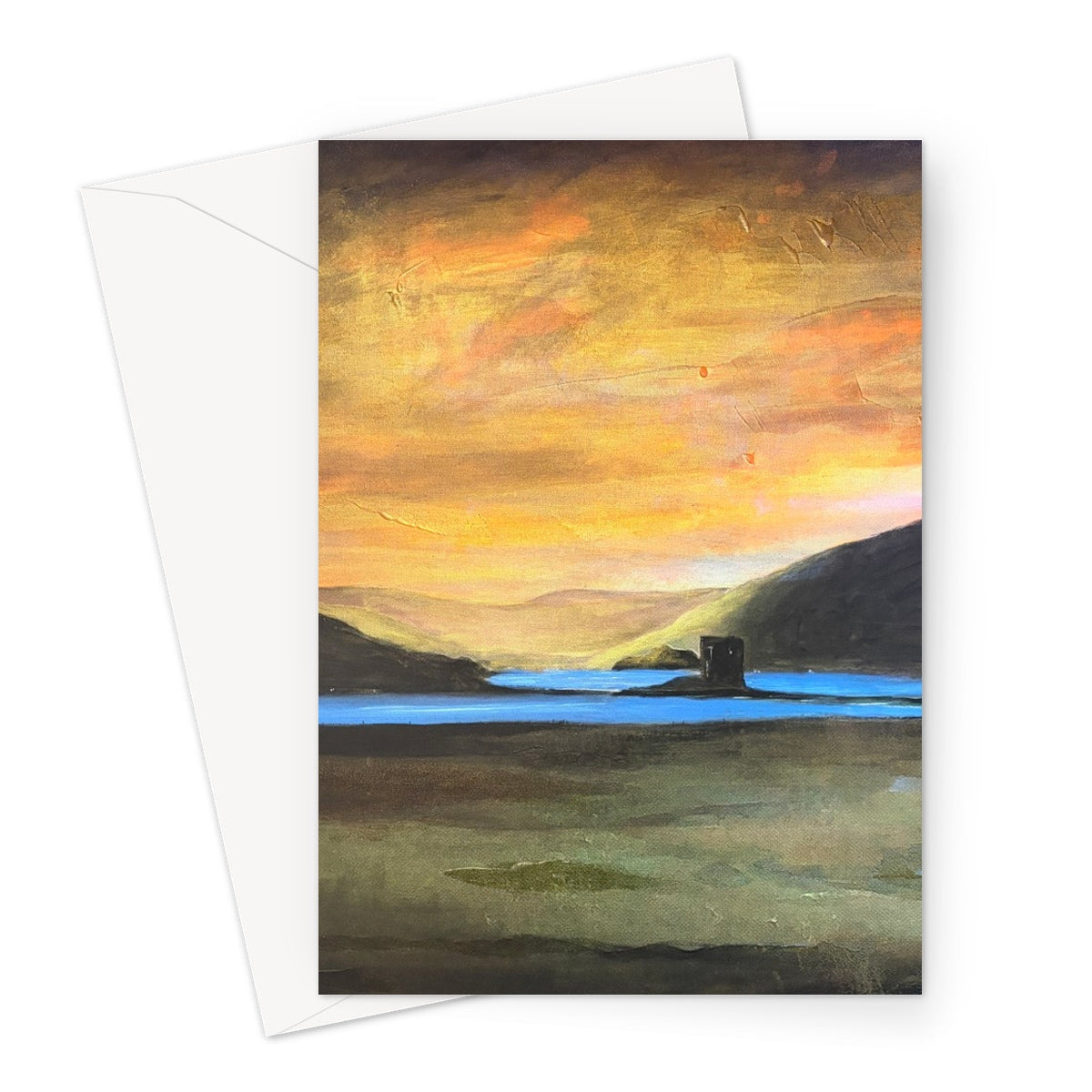 Castle Stalker Glow greeting card with glowing orange sunset over blue water and dark hills