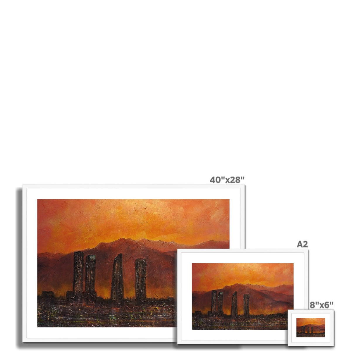 Madrid Dusk framed landscape print with ancient stone structures under fiery orange sky