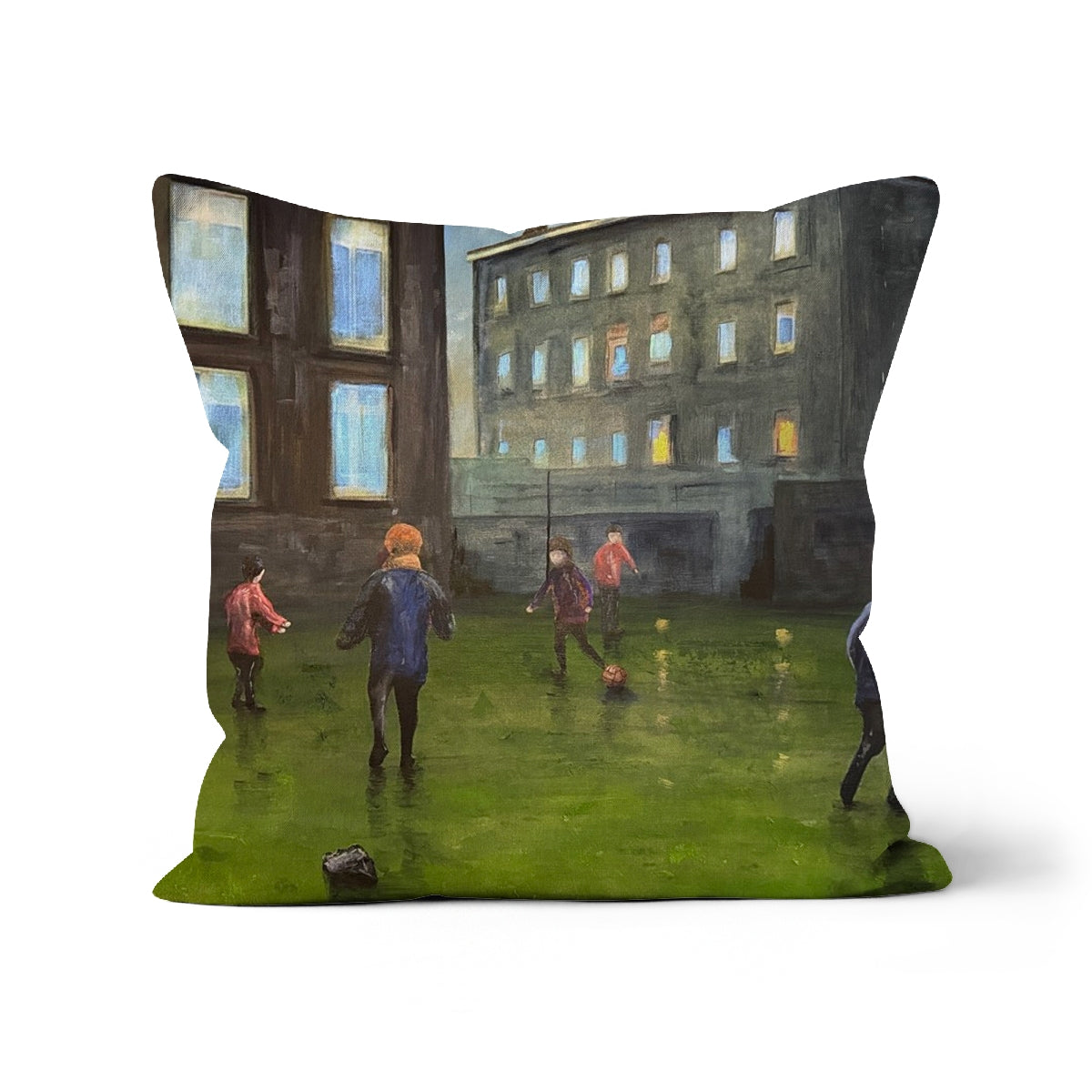 Green grassy cushion with kids soccer design, polyester Time Cushion