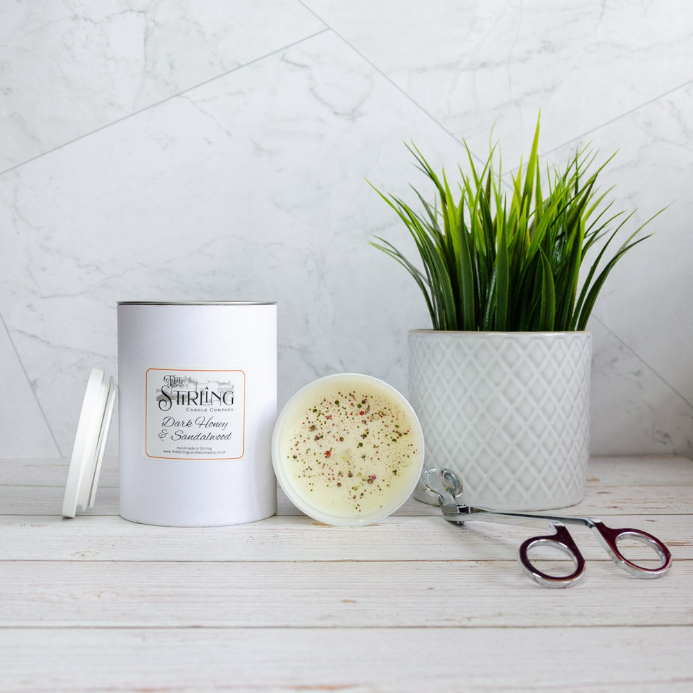 Stirling Candle Co Dark Honey & Sandalwood large candle with speckled wax