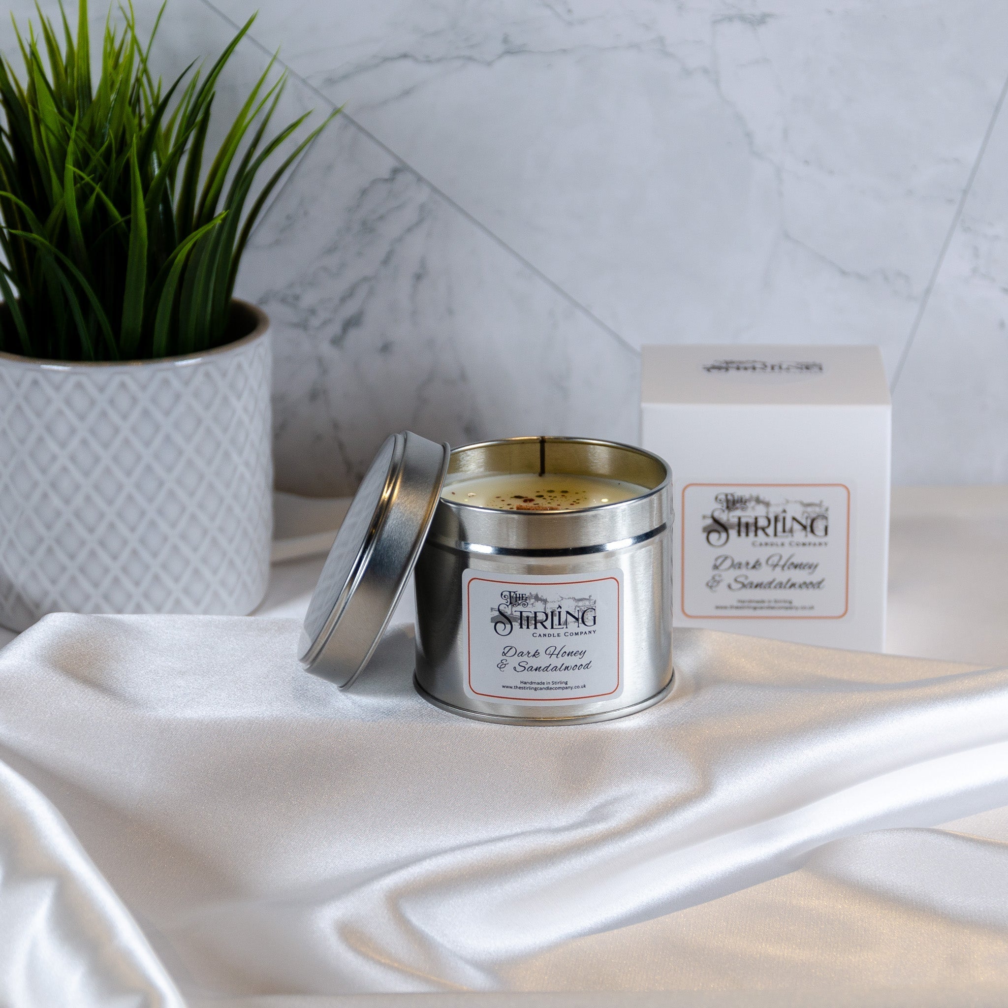 Sirling Candle Co Dark Honey & Sandalwood travel tin candle with wooden wick