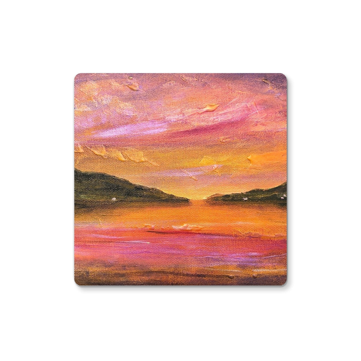 Dawn Breaks Over Loch Ness square coaster with vibrant impressionist sunset