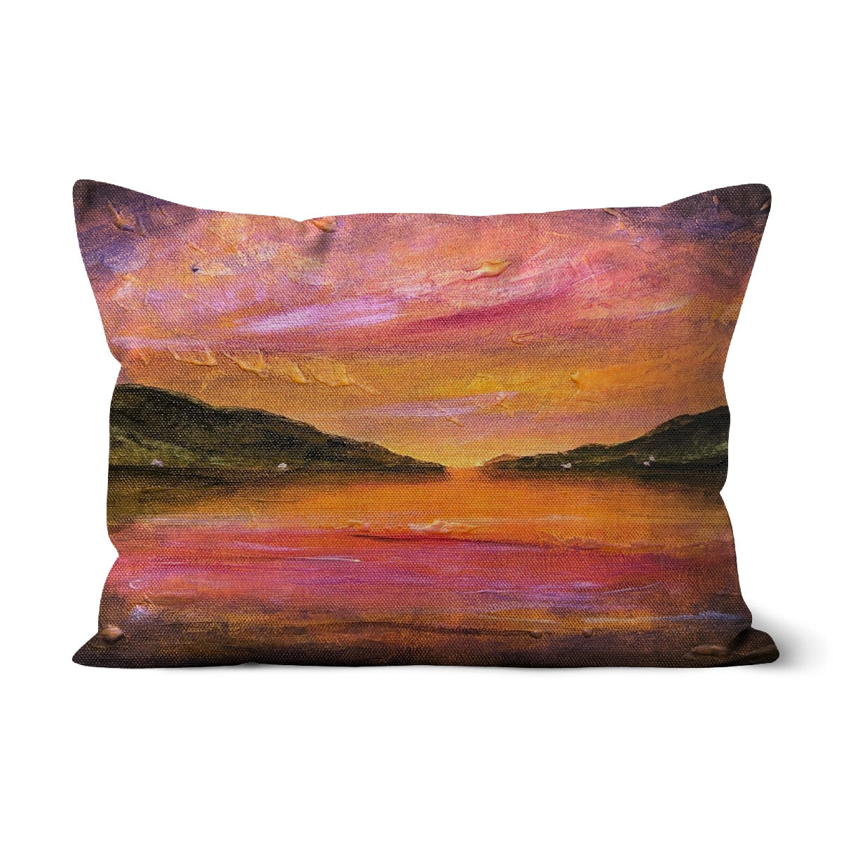 Dawn Breaks Over Loch Ness rectangular cushion with textured sunset over water