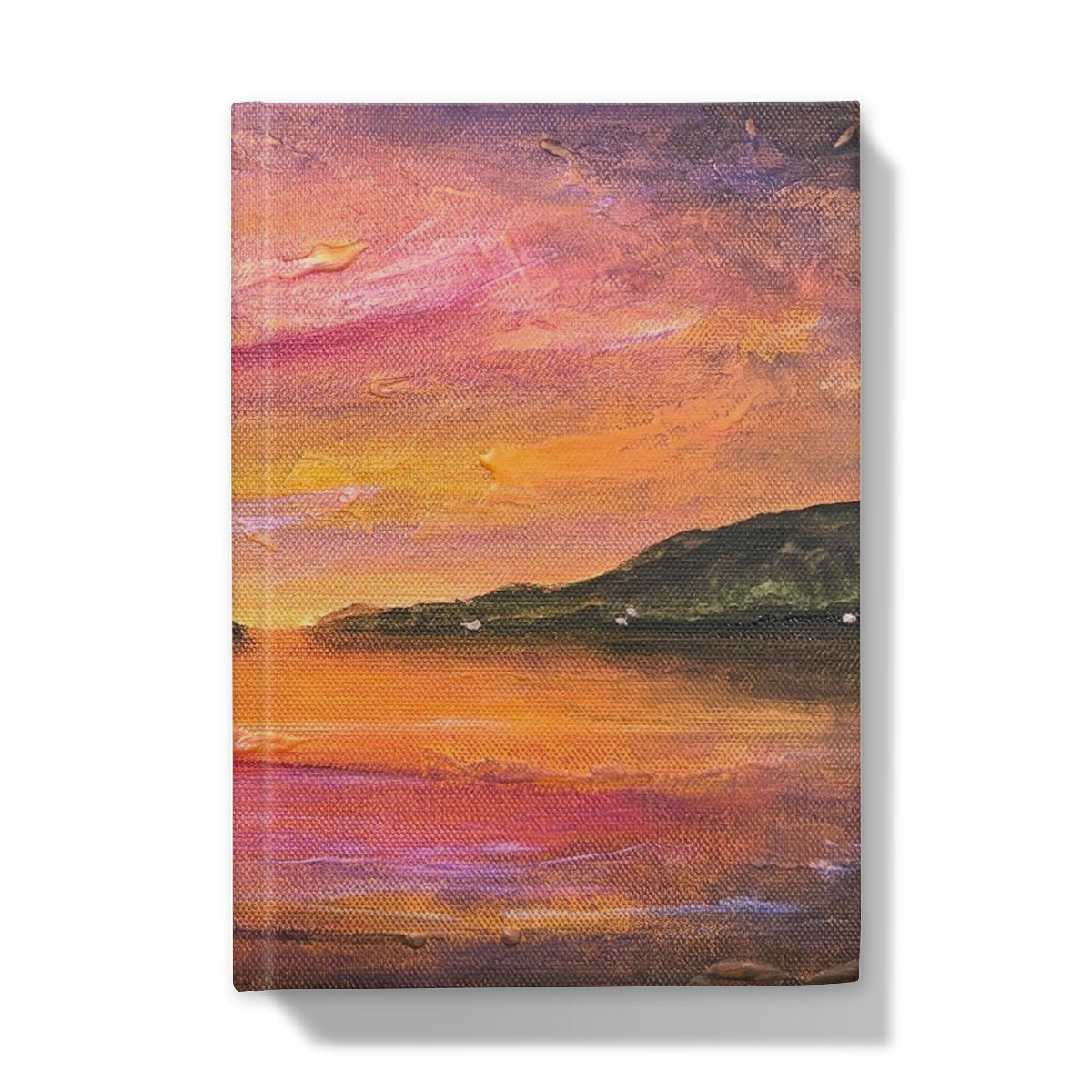 Dawn Breaks Over Loch Ness journal with vibrant sunset oil painting