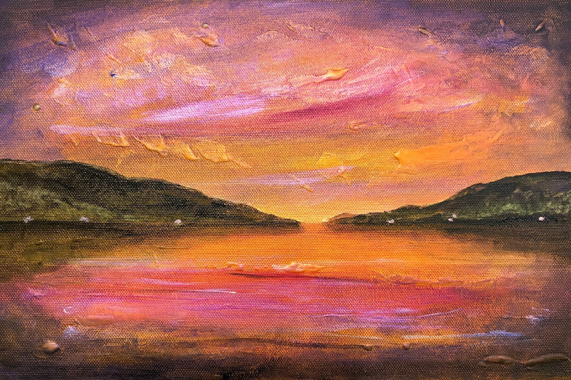 Vibrant impressionist painting of dawn over Loch Ness, bold sunset hues on water and hills